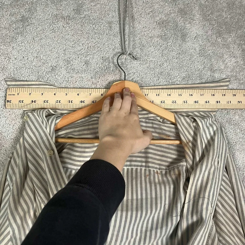 Vintage 70s Big Donlin Mens Striped Work Shirt Long Sleeve Grey Tan 16-16.5 L - Picture 14 of 16